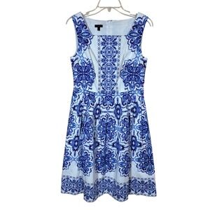 Talbots Womens Dress Blue White Tile Print Fit Flare Square Neck Size 4